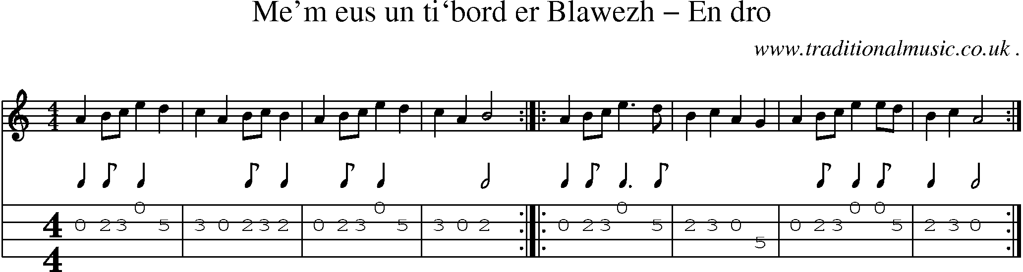Sheet-Music and Mandolin Tabs for Mem Eus Un Ti`bord Er Blawezh En Dro
